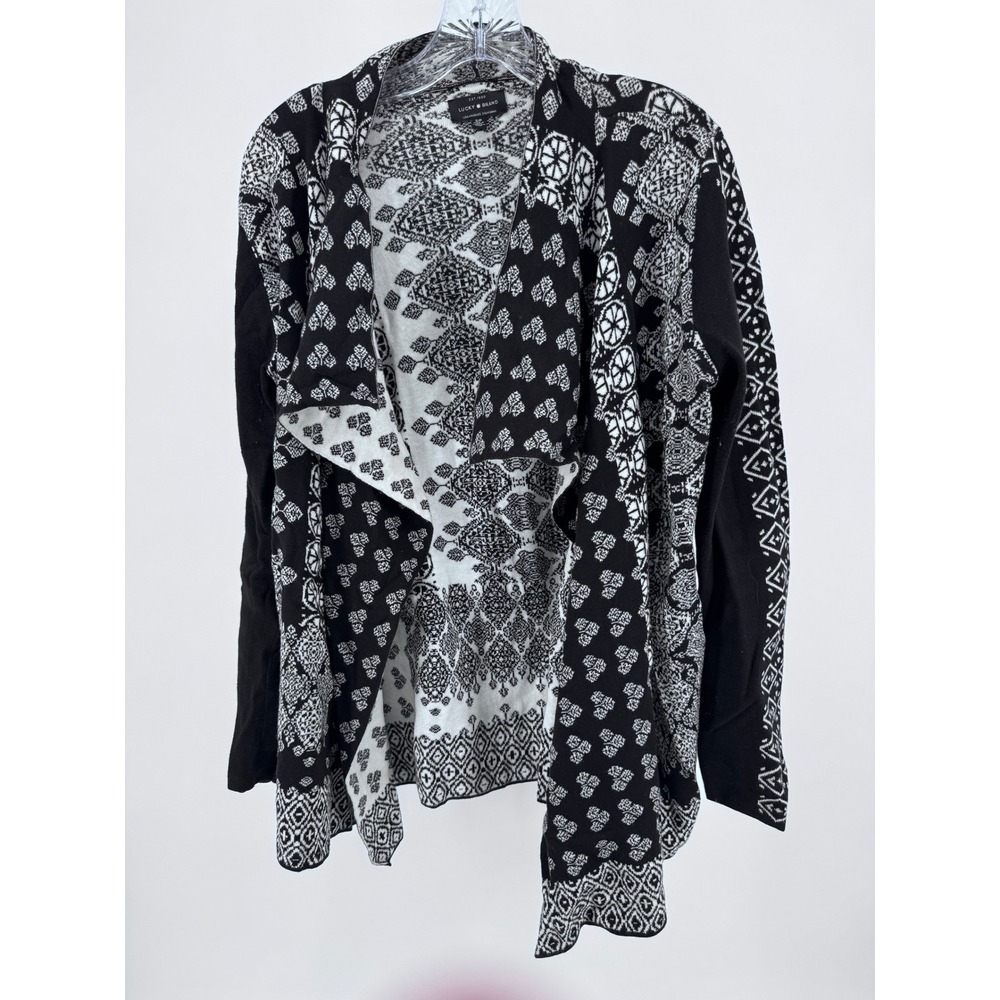 Lucky Brand Open Front Cardigan Small Black White Geometric Print Boho Duster